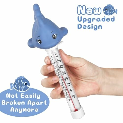 Hand holding a baby bath thermometer with a blue dolphin design and temperature markings.