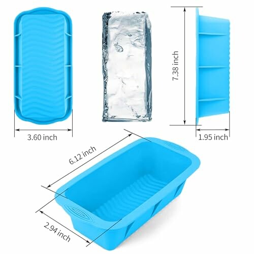 Blue silicone ice cube mold with dimensions shown