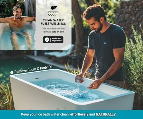 Man using clean water solution in bathtub outside.