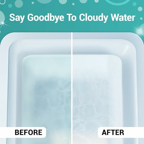 Comparison of cloudy and clear water in a tub, labeled before and after.