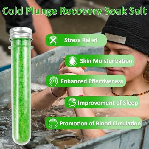 Person in cold plunge with soak salt benefits listed.