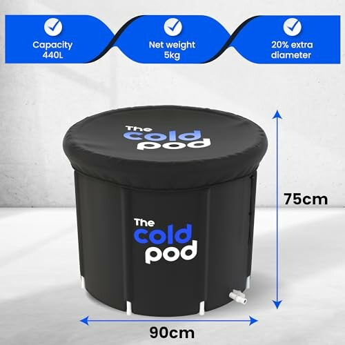 The Cold Pod ice bath with capacity, weight, and size details.