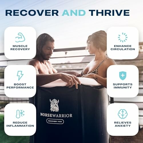 Two people in a recovery pod with benefits of cold therapy: muscle recovery, enhance circulation, boost performance, supports immunity, reduce inflammation, relieves anxiety.