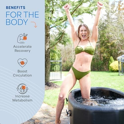 Woman in a swimsuit enjoying a cold plunge, benefits for the body listed.