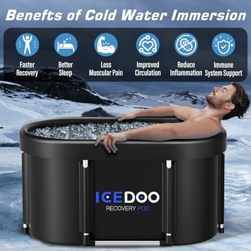 Man in ice bath showing benefits of cold water immersion: faster recovery, better sleep, less muscular pain, improved circulation, reduced inflammation, immune system support.