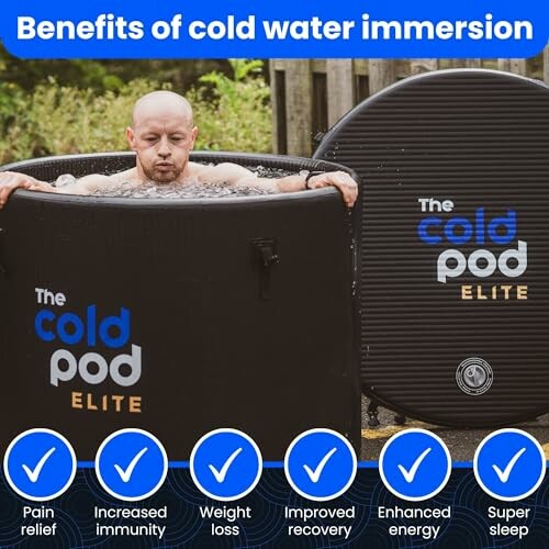 Man in cold water immersion tub with benefits listed: pain relief, increased immunity, weight loss, improved recovery, enhanced energy, super sleep.