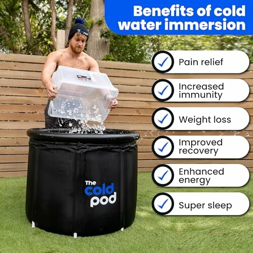 Man pouring ice into a cold pod with benefits of cold water immersion listed.