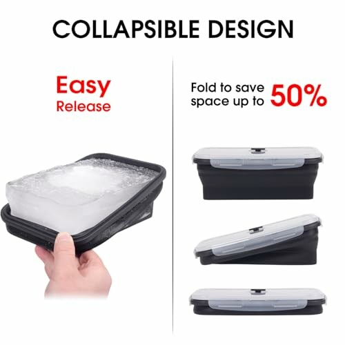 Collapsible food container showing easy release and space-saving design.