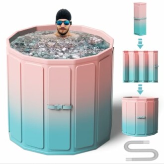 Collapsible ice bath tub with a person inside, showing folded and unfolded states.