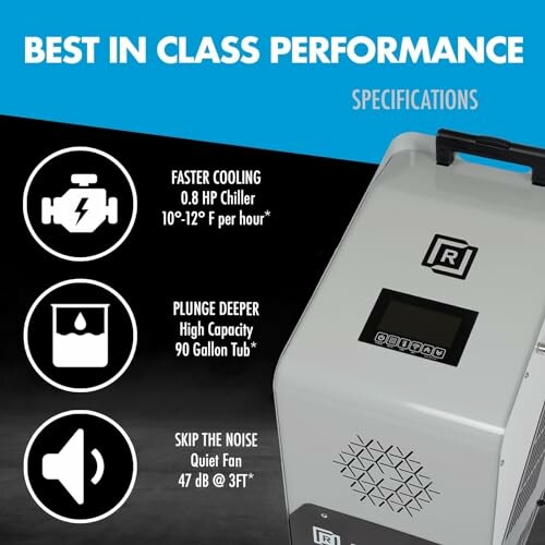 Cooling unit specs highlighting faster cooling, high capacity, and quiet fan features.