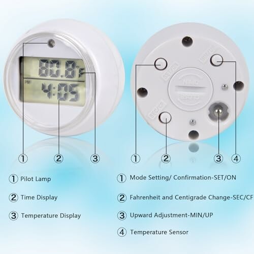 Digital thermometer and clock with labeled features and buttons.