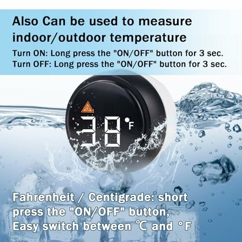 Digital thermometer showing 38°F with water splash background.