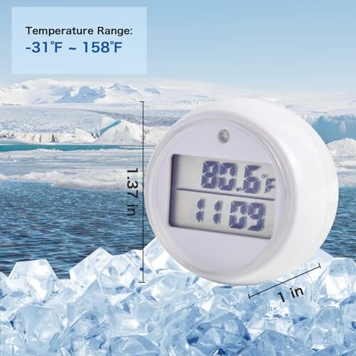 Digital thermometer displaying temperature on ice background.