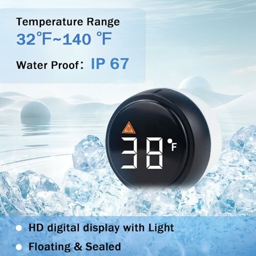 Digital thermometer with IP67 waterproof rating and temperature range 32°F to 140°F, displayed on ice background.