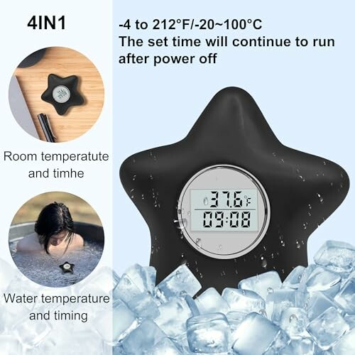 4-in-1 waterproof thermometer for room and water temperature with timing feature.