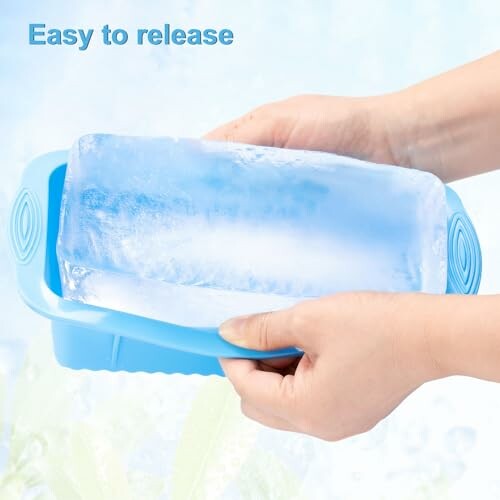 Hands holding a blue ice tray with a large ice block.