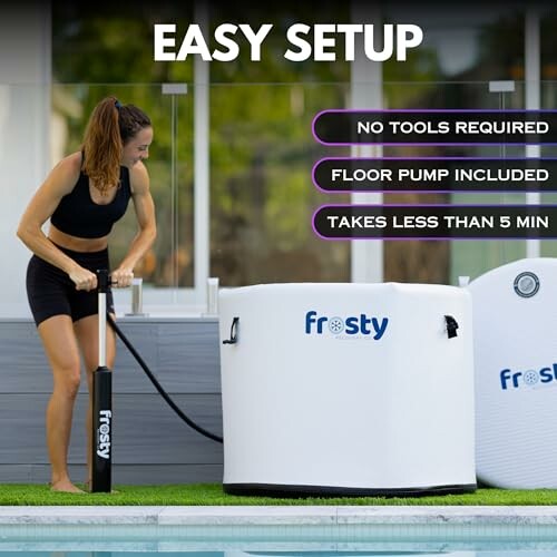 Woman using floor pump to set up outdoor tub labeled Frosty.