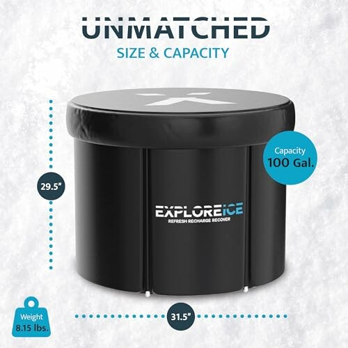 Explore Ice tub with 100-gallon capacity, dimensions, and weight.