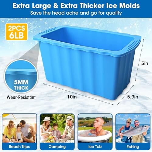 Blue extra large and thick ice mold with dimensions and usage examples.