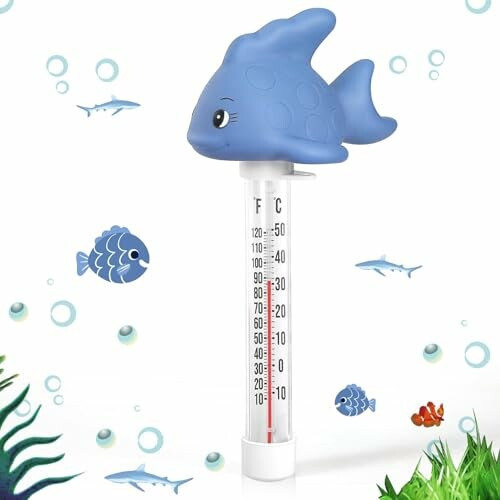 Blue fish-shaped pool thermometer with aquatic background