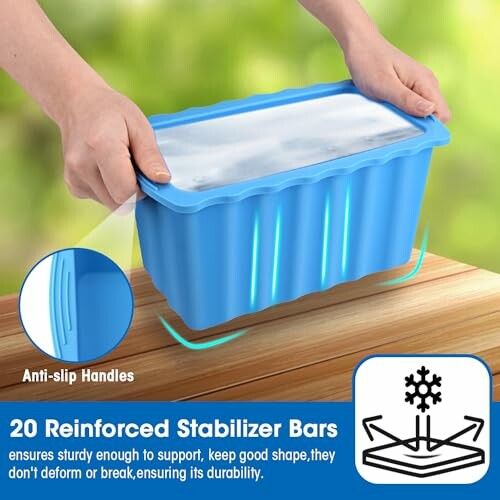 Blue flexible container with anti-slip handles and reinforced stabilizer bars.