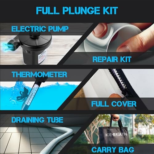 Components of a full plunge kit including electric pump, repair kit, thermometer, full cover, draining tube, and carry bag.