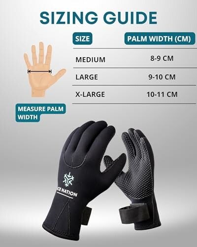 Glove sizing guide with palm width measurements.