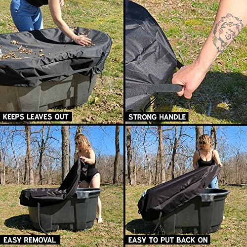 Person demonstrating hot tub cover features: keeps leaves out, strong handle, easy removal, easy to put back on.