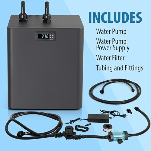 Hydroponic water chiller kit with pump, power supply, filter, tubing, and fittings.