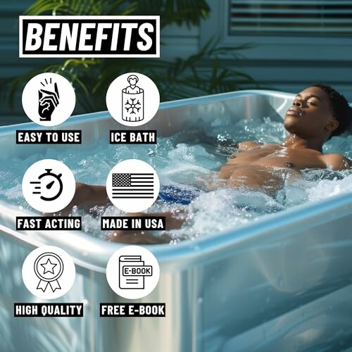 Person enjoying an ice bath with benefits listed: easy to use, fast acting, high quality, made in USA, free e-book.