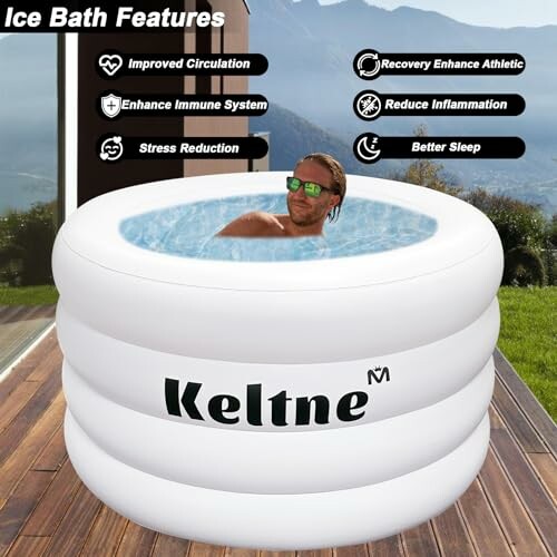 Person in an inflatable ice bath with health benefits listed.