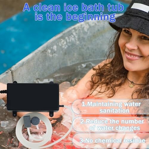 Woman in ice bath with cleaning device and benefits listed.