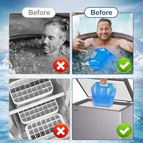 Comparison of ice bath methods with a man in a tub and an ice cube tray versus a water jug in a freezer.