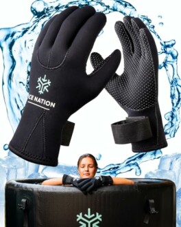 Neoprene gloves for ice bath therapy with person in background