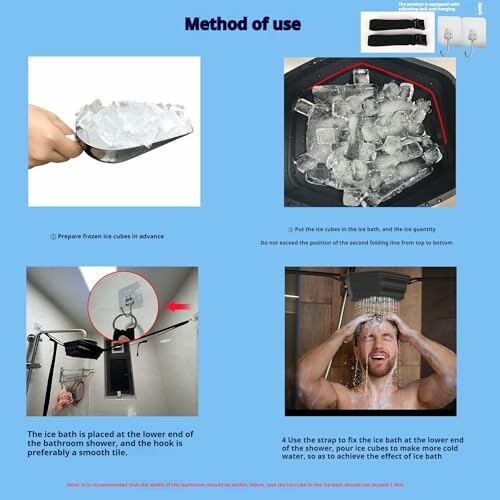 Instructions for using an ice bath with images showing ice preparation, placement, and usage.