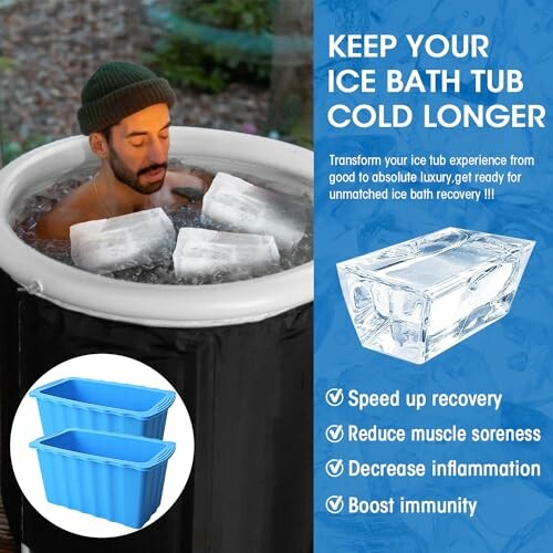 Man in ice bath with ice cubes, highlighting benefits such as recovery and reduced inflammation.