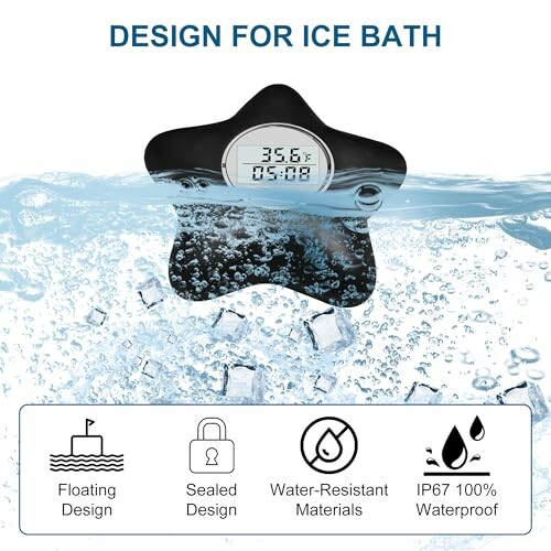 Ice bath thermometer with floating design, sealed edges, water-resistant materials, and IP67 waterproof rating.