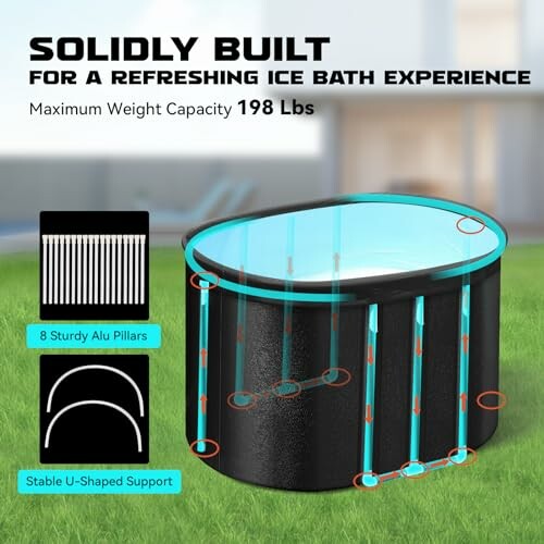 Diagram of a solidly built ice bath tub with weight capacity and support features.