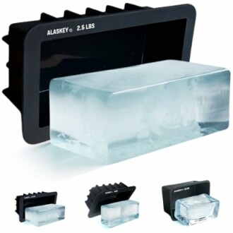 Ice block mold with clear ice block and multiple views.