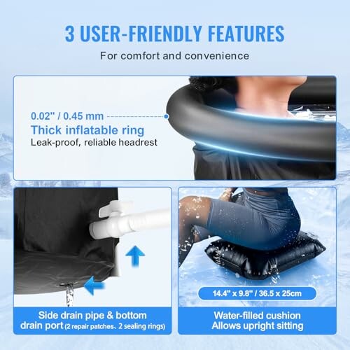 Three features of an inflatable bathtub including a thick headrest, drain port, and water-filled cushion.