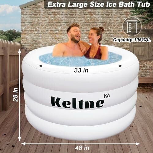 Two people in an inflatable ice bath tub with capacity details.