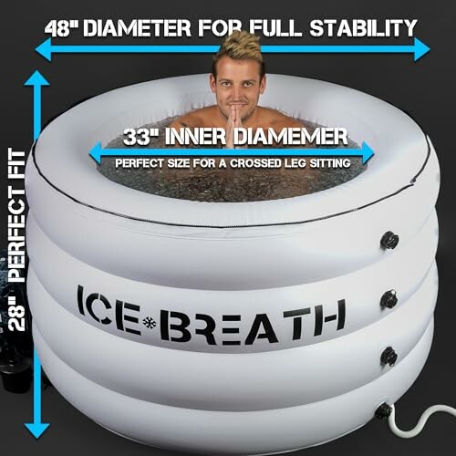 Inflatable ice bath with measurements and person inside.