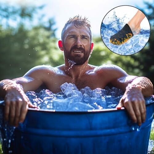 Man in an ice bath outdoors with an inset of a foot in water shoes.