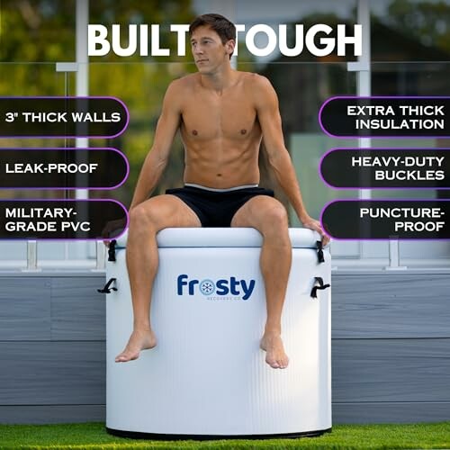 Man sitting on a cold plunge tub with durability features listed.