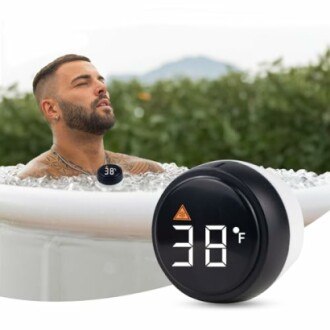 Man relaxing in a hot tub with a temperature display showing 38°F.