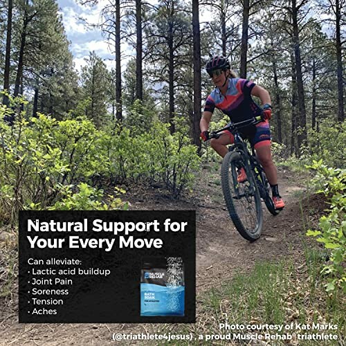 Mountain biker riding on a forest trail with text about natural support for physical activity.