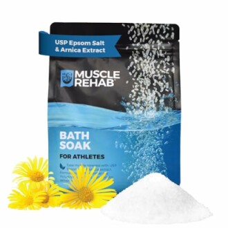 Muscle Rehab Bath Soak package with Epsom salt and yellow flowers.