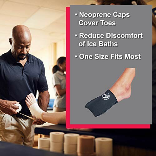 Man wrapping a foot with neoprene cap benefits listed.