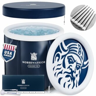 Norsewarrior recovery pod with Viking design, ice bath, and accessories.