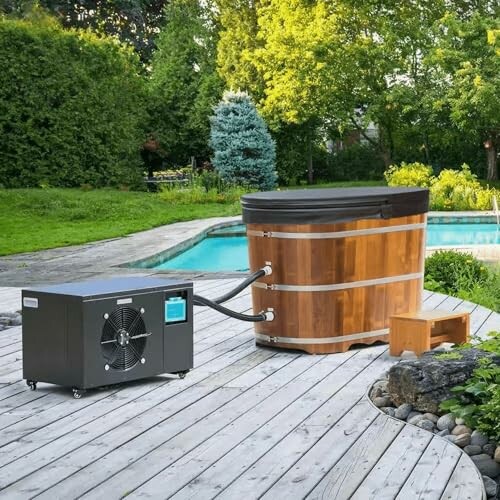 Outdoor wooden hot tub with pool and heater on deck.